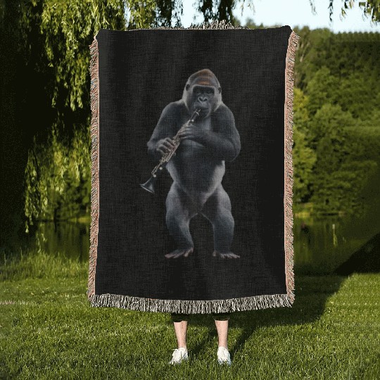 Gorilla Playing Clarinet Realistic Woven Blankets