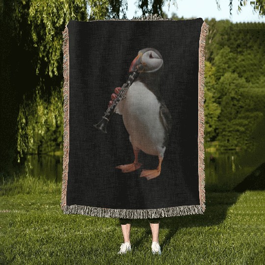 Atlantic Puffin Playing Clarinet Realistic Woven Blankets
