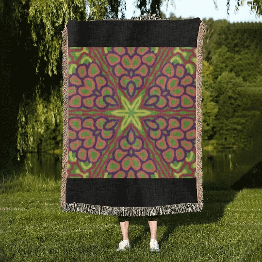 yellow orange red green purple mandala Woven Blankets