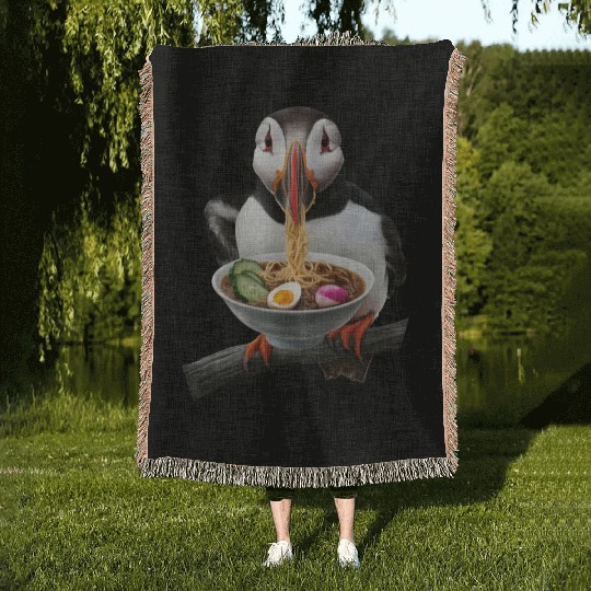 Atlantic Puffin Eating Ramen Realistic Woven Blankets