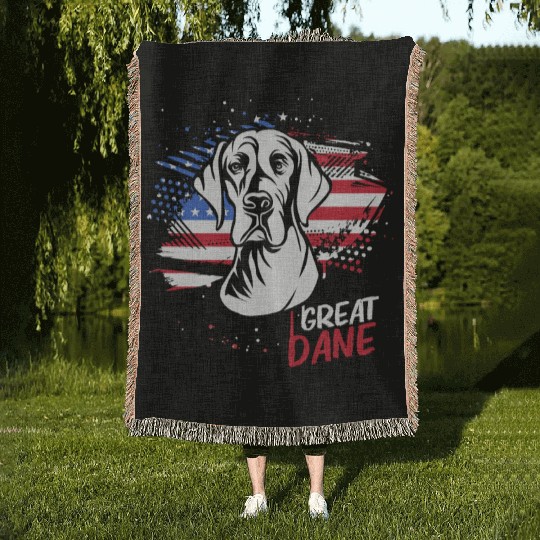 4th Of July US Flag Vintage Dog Lover Great Dane Woven Blankets