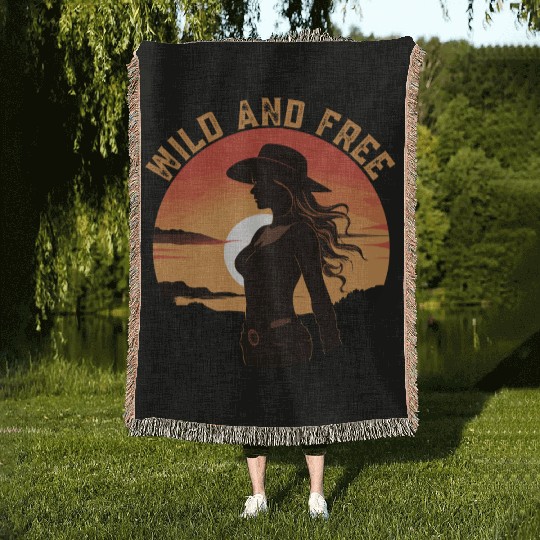 Wild and Free Cowgirl Retro Sunset Woven Blankets