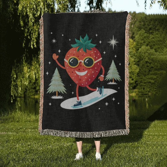 Strawberry with sunglasses skating on snow. Woven Blankets