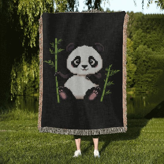 A pixel art of a panda with a bamboo leaf Woven Blankets