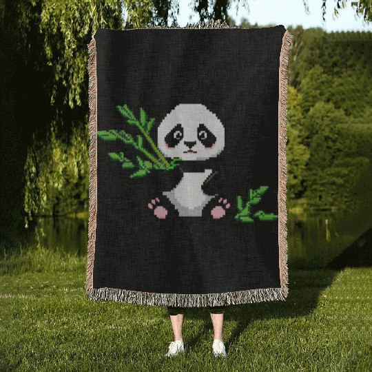 A pixel art of a panda with a bamboo leaf Woven Blankets