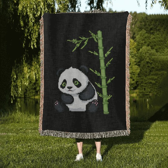 A pixel art of a panda with a bamboo leaf Woven Blankets