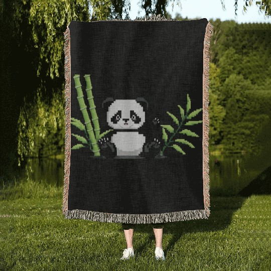 A pixel art of a panda with a bamboo leaf Woven Blankets