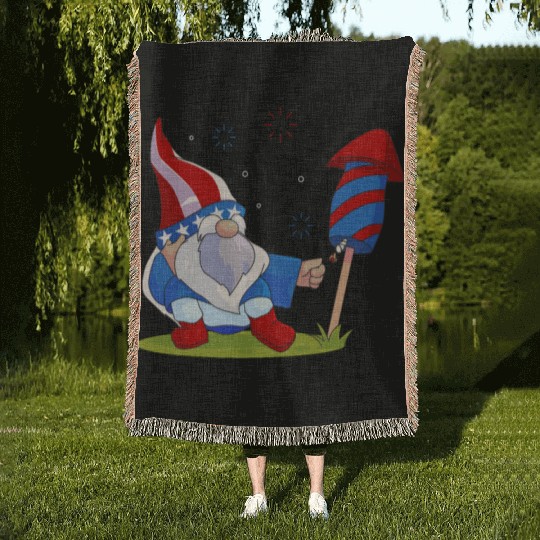 Adorable Gnome Fireworks America Woven Blankets