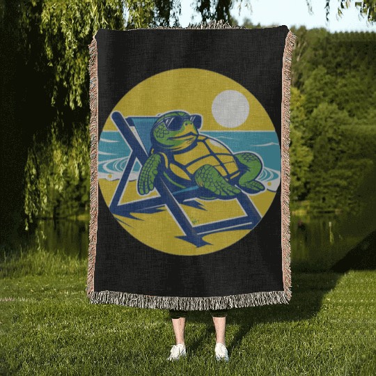 Sea Turtle Chillin on the Beach Woven Blankets