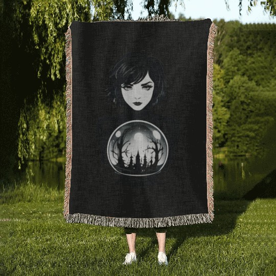 Witchy Woman Gazing into a Crystal Ball Woven Blankets