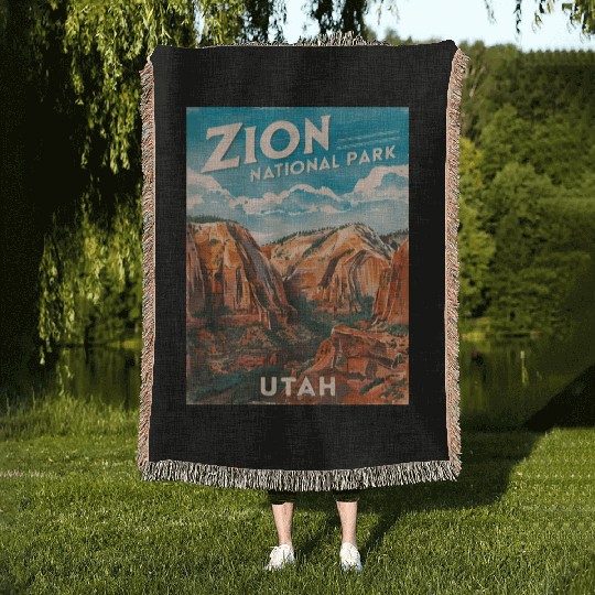 Vintage Travel Zion National Park Utah Landscape Woven Blankets