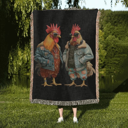 Chickens in chic streetwear attire Woven Blankets