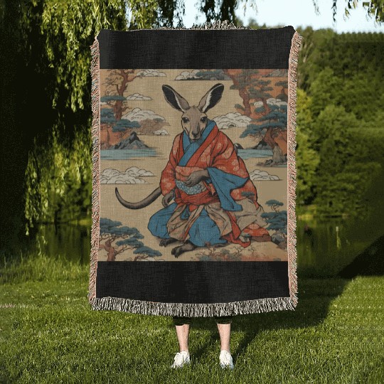 Retro Ukiyo-e Style Kangaroo Caricature Woven Blankets
