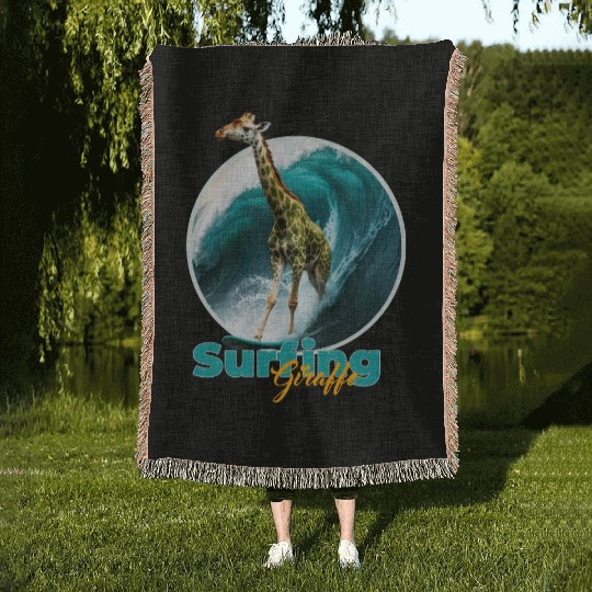 Surfing Giraffe in a Storm Woven Blankets