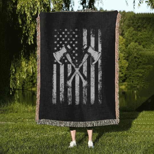 axe throwing american flag Woven Blankets