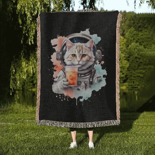 Space Cat Japanese Retro Kawaii Cute Kawaii Astron Woven Blankets