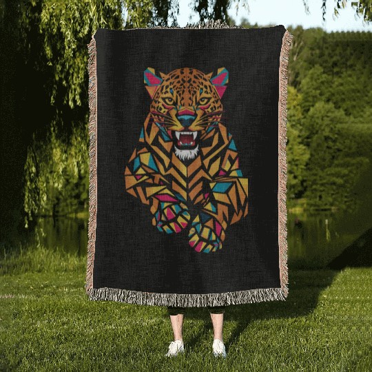 Colorful Geometric Jaguar Illustration Woven Blankets