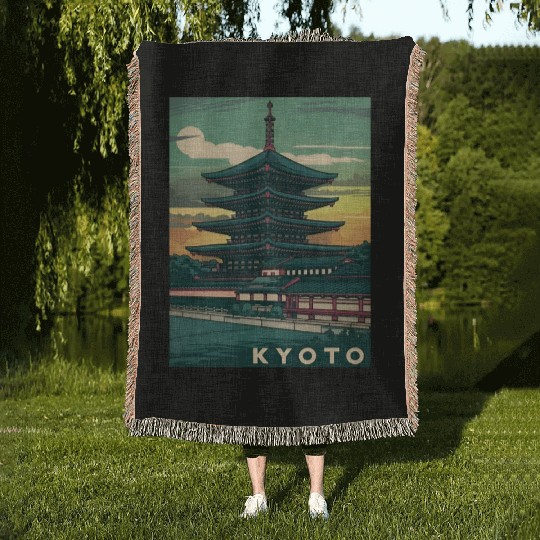 Vintage Travel Kyoto Japan Sunset Retro Graphic Woven Blankets