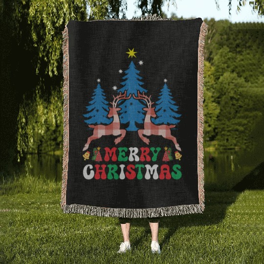 Pretty Wintery Buffalo Plaid Reindeer Merry Christ Woven Blankets