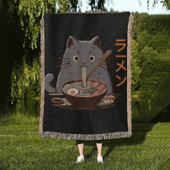 Japanese Cat Eating Ramen Woven Blankets
