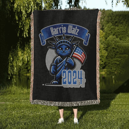 Cat Lady Harris Walz Statue of Liberty 2024 Woven Blankets