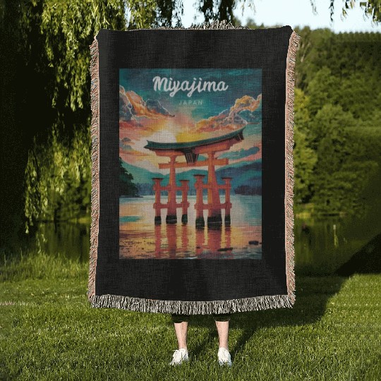 Vintage Travel Miyajima Island Japan Retro Sunset Woven Blankets