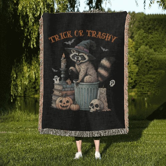 Trick Or Trashy Funny Raccon Halloween Woven Blankets