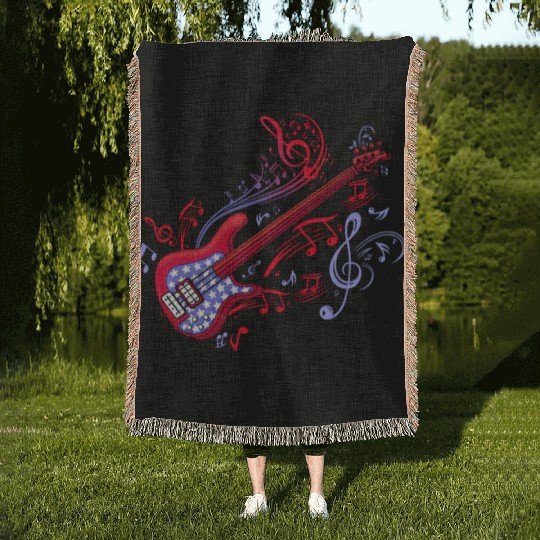 Bass Guitar Player Men Musician 4th Of July USA Woven Blankets