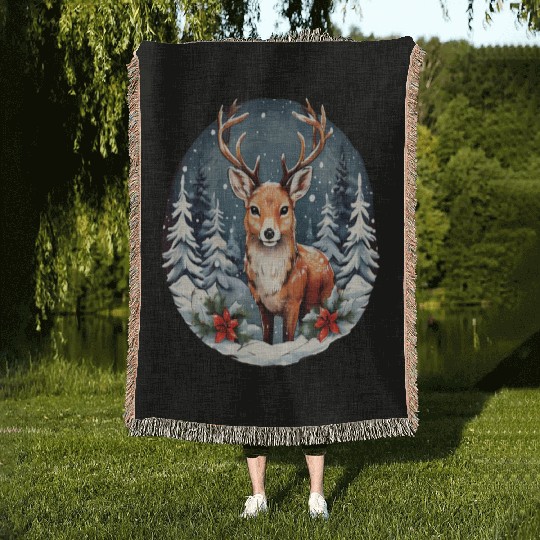 Christmas Deer with Poinsettia and Snow Woven Blankets