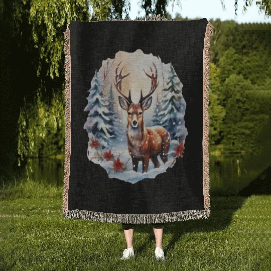 Christmas Deer with Poinsettia and Snow Woven Blankets