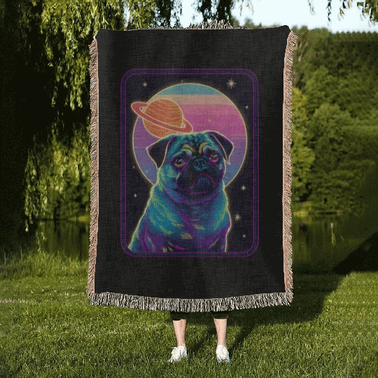 Animal Art Planet Fantasy Artwork with Neon Pug Woven Blankets