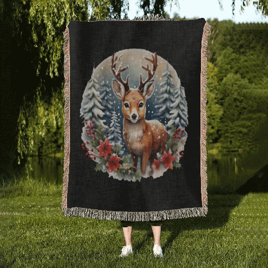 Christmas Deer with Poinsettia and Snow Woven Blankets