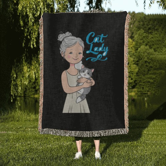 cat lady Woven Blankets