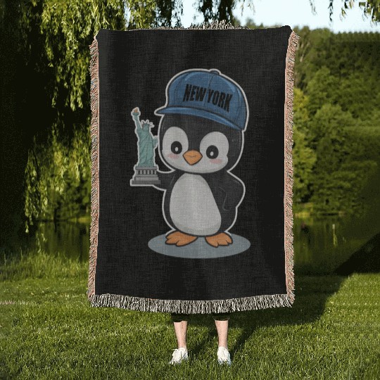 New York Penguin Holding Statue Of Liberty Woven Blankets