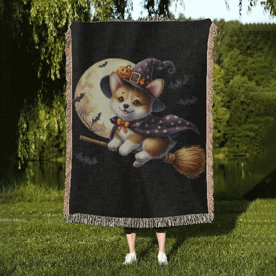 Corgi Witch Flying on Broom Halloween Moon Bats Pr Woven Blankets