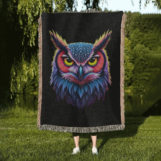 The Owl s look in neon art Woven Blankets