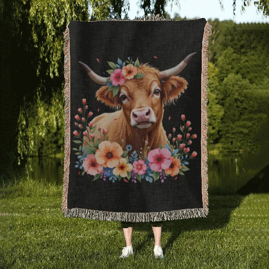 Cute Scottish Highland Cow Floral Woven Blankets