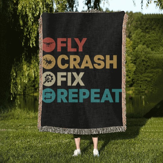 Fly Crash Fix Repeat Drone Pilot RC Flight Woven Blankets