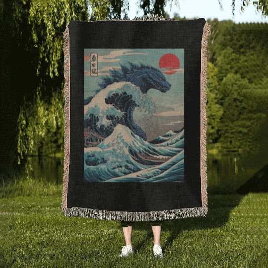 Kaiju Monster Japanese Great Wave Anime Graphic Woven Blankets