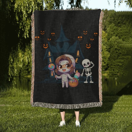 Friendly mummy and skeleton illustration Woven Blankets