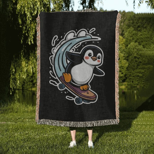 Penguin Skateboarding Adventure Fun Woven Blankets