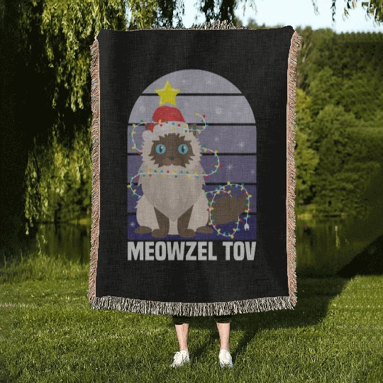 Meowzel Tov Hanukkah Black Cat Christmas Lights Woven Blankets