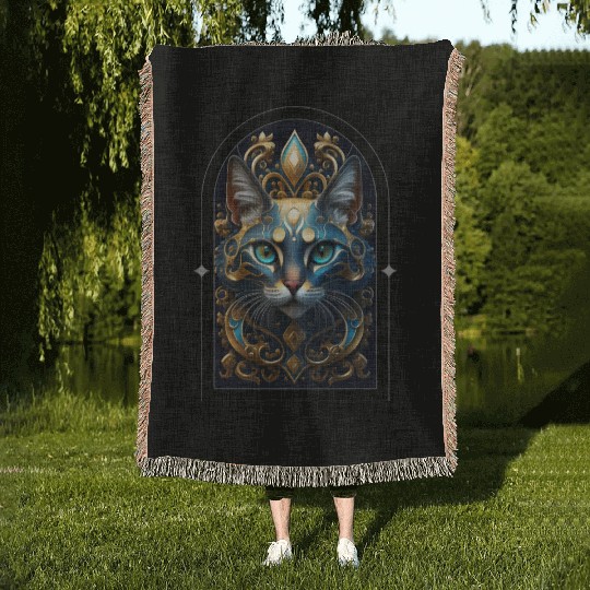 Elegant stylish blue and gold cat face Woven Blankets