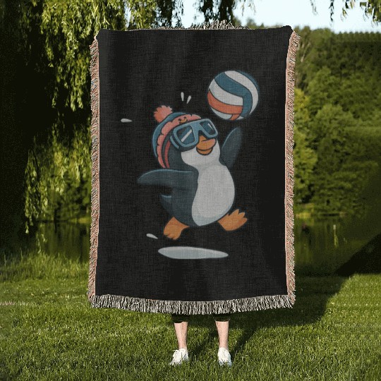 Penguin Playing Volleyball With Goggles And Hat Woven Blankets