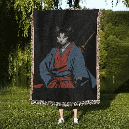 Samurai Cat Woven Blankets