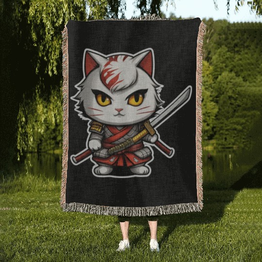 ninja cat with a katana 2 Woven Blankets