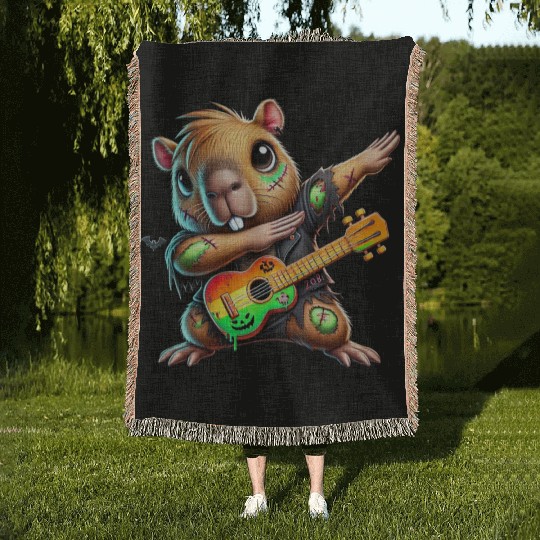 Cute Dabbing Capybara Zombie Squad Guitar Hallowee Woven Blankets
