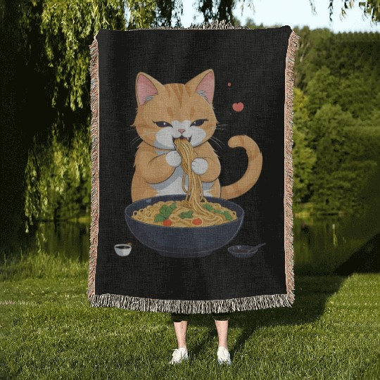 Funny Kawaii Cat Eating Ramen Noodles Japanese Woven Blankets