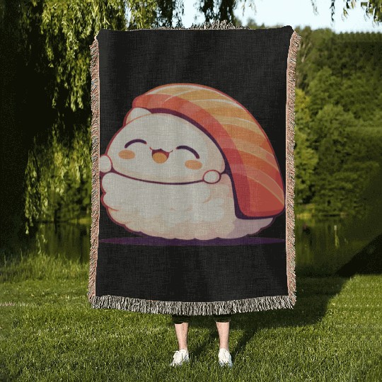Kawaii White Cat Salmon Nigiri Sushi Woven Blankets