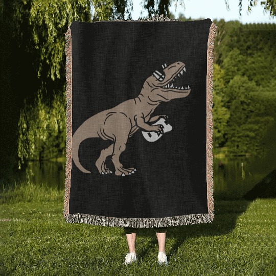 T. Rex Dino DJ Dinosaur Party Animal Plays Guitar Woven Blankets